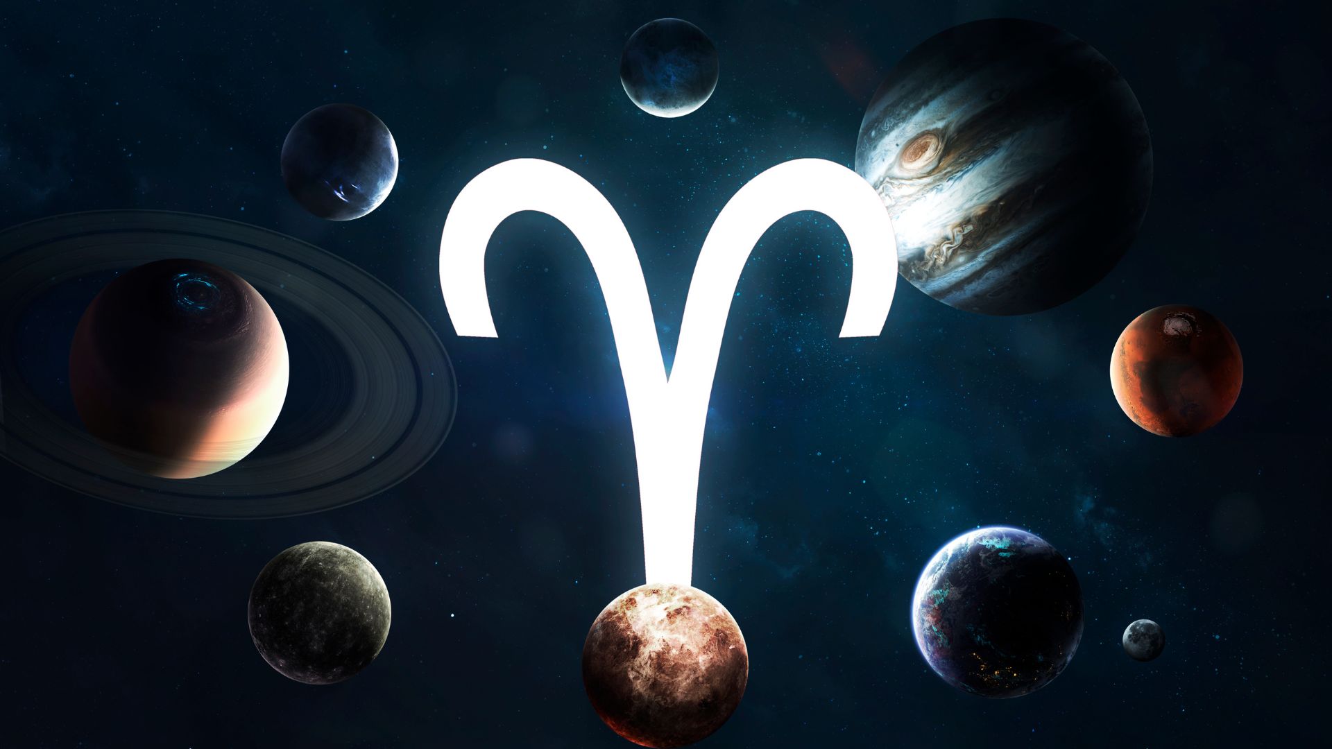 Símbolo do signo de áries rodeado por planetas
