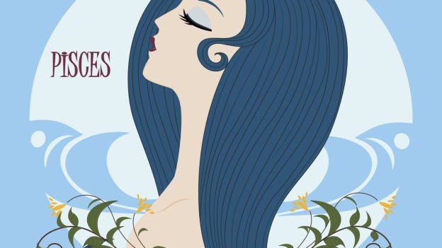 Mulher com cabelo azul e Pisces (peixes, em inglês) escrito ao lado