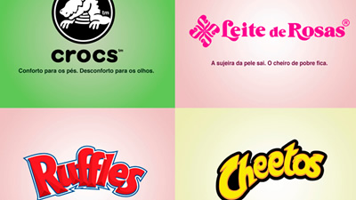 Montagem com logomarcas do Crocs, Leite de Rosas, Ruffles e Cheetos