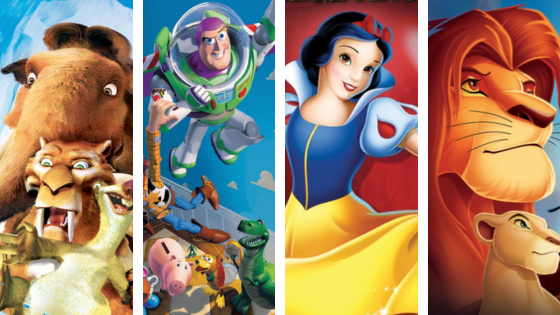 Cartaz dos filmes - A Era do Gelo, Toy Story, A Bela e Rei Leão