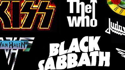 Logos das bandas Kiss, The Who e Black Sabbath.
