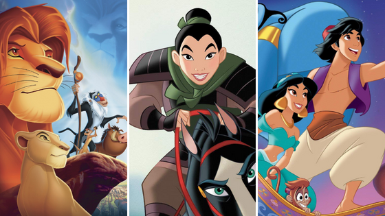 Grid de fotos com imagens de Rei Leão, Mulan e Aladdin