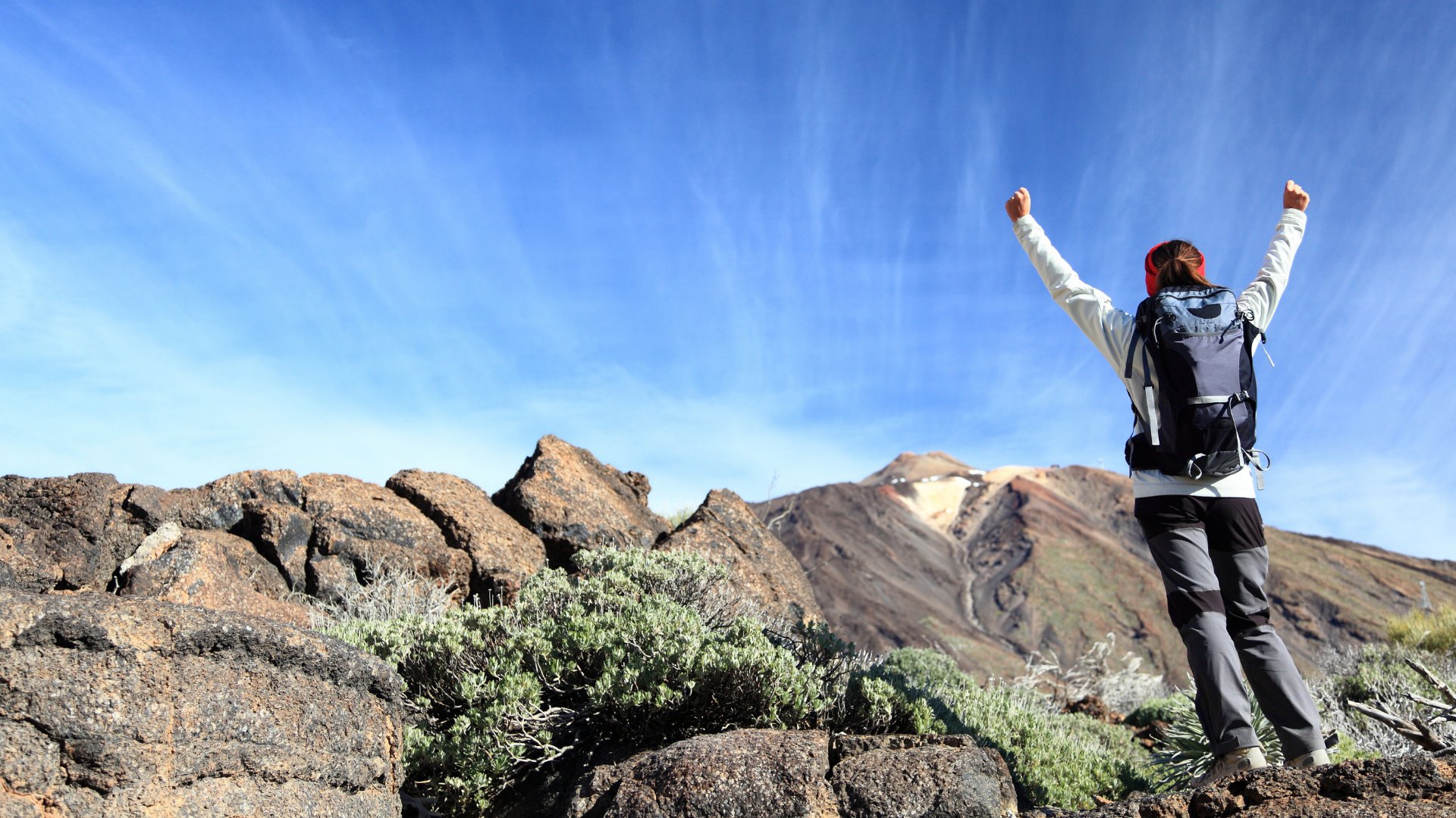 Pessoa comemorando de braços erguidos no topo de uma montanha