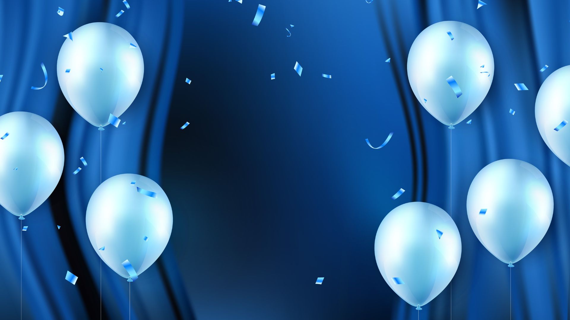 Imagem de fundo azul e no lado esquerdo e direito da foto, balões de aniversário na cor azul claro complemetam a foto.