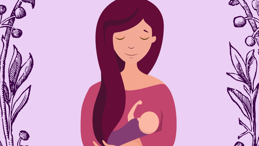 Imagem ilustrativa de uma mãe de olhos fechados segurando o seu bebê e um elemento de moldura de folhas em volta da ilustração