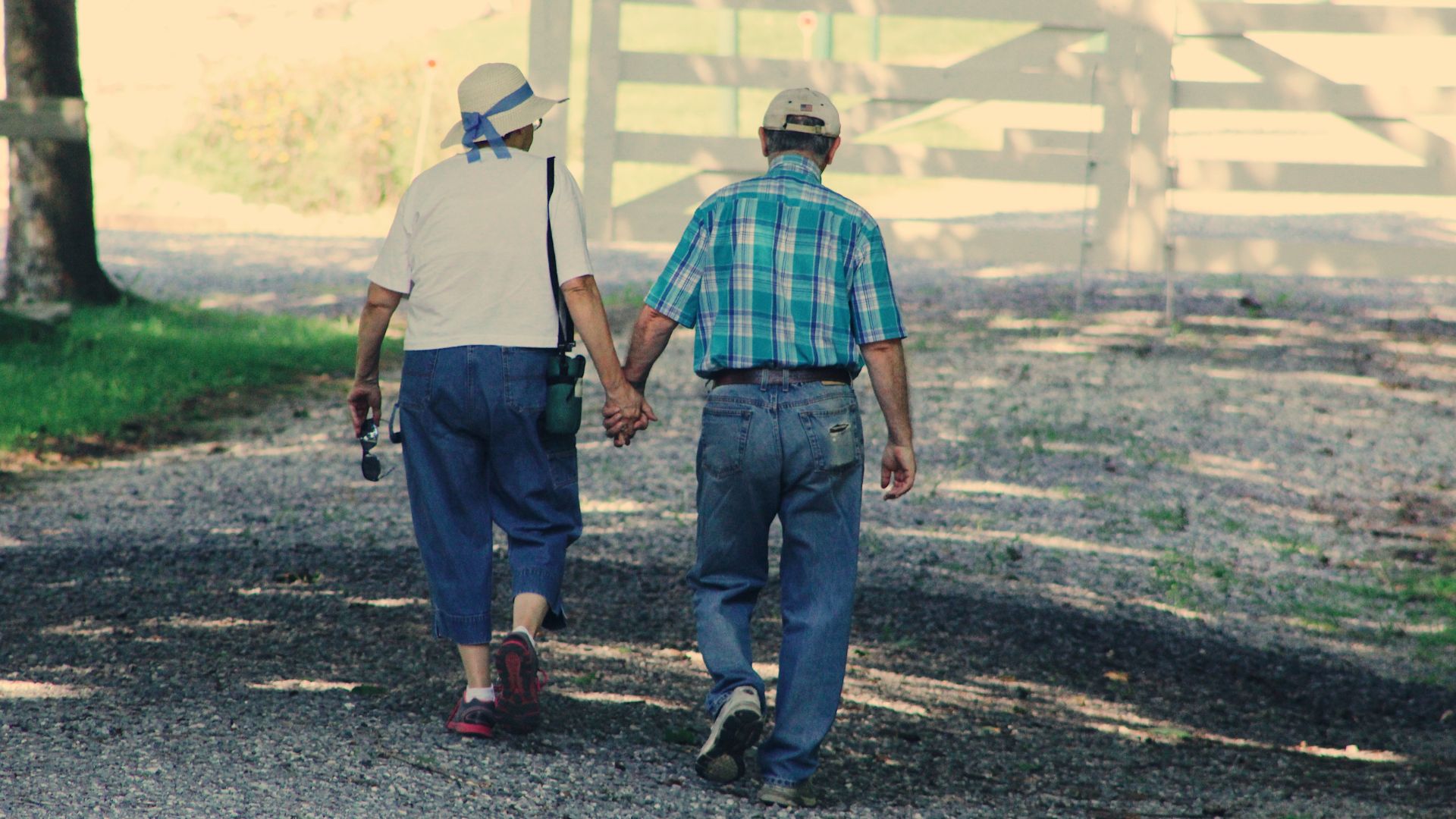 Dois idosos andando de mãos dadas pela rua