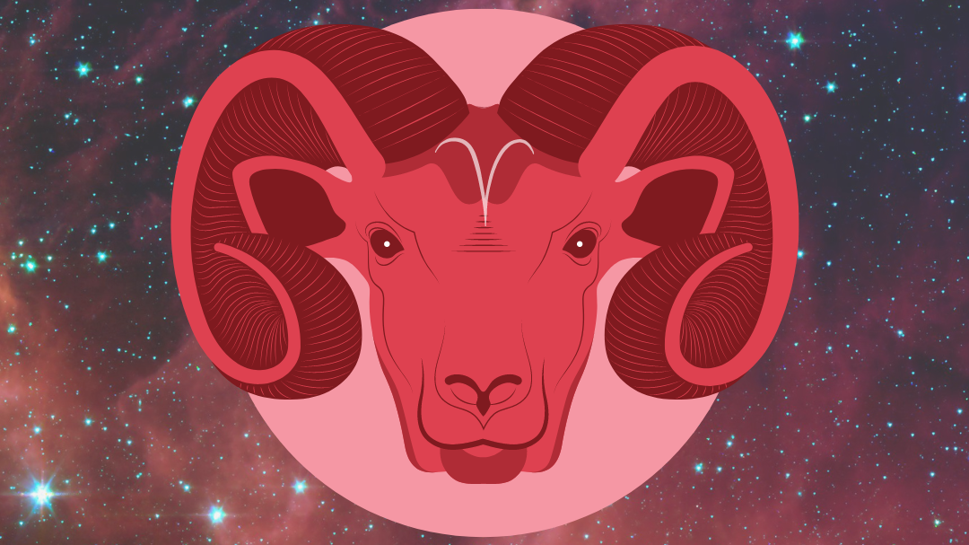 Fundo de galáxia com um carneiro a frente, nas cores vermelho e rosa.