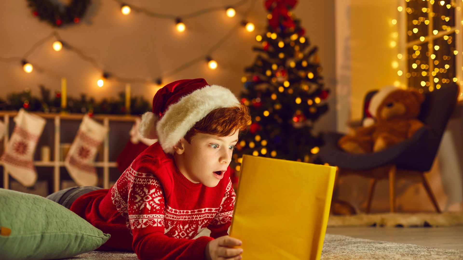 Imagem de uma sala decorada com enfeites natalinos. No chão, uma criança debruçada, lendo um livro de histórias. Ela está usando um suéter de lã e um chapéu de Natal na cor vermelho.