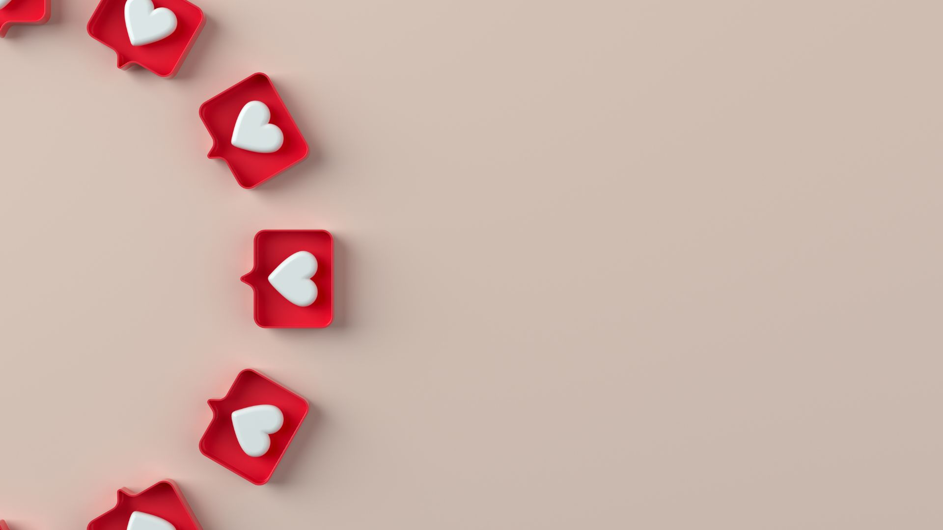 Imagem de fundo bege. Do lado esquerdo da tela, várias caixinhas de pensamento na cor vermelha e dentro de cada uma, pequenos corações na cor branca.