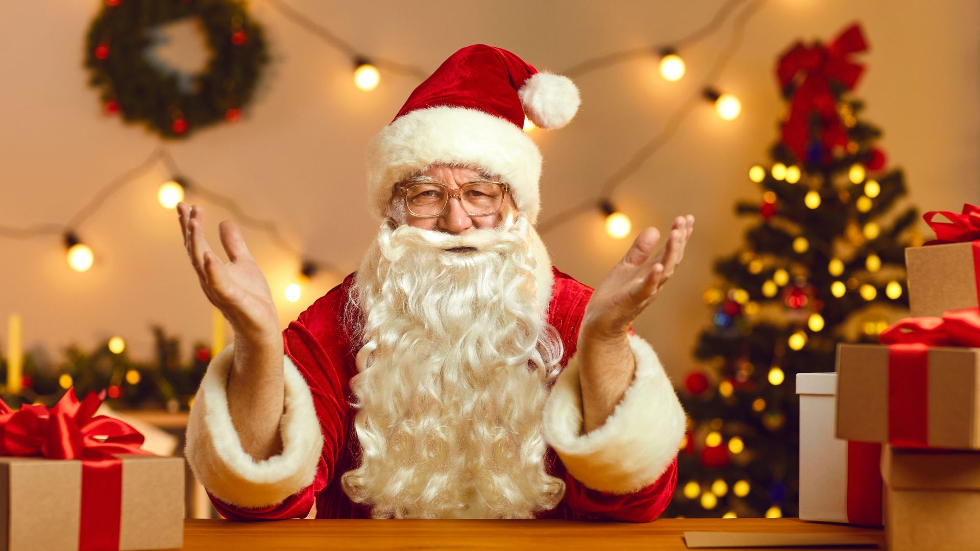 Studioroman para o Canva Imagem de um papai noel. Ao fundo decorações de Natal como árvore, pisca-pisca, luzes, guirlanda e presentes.