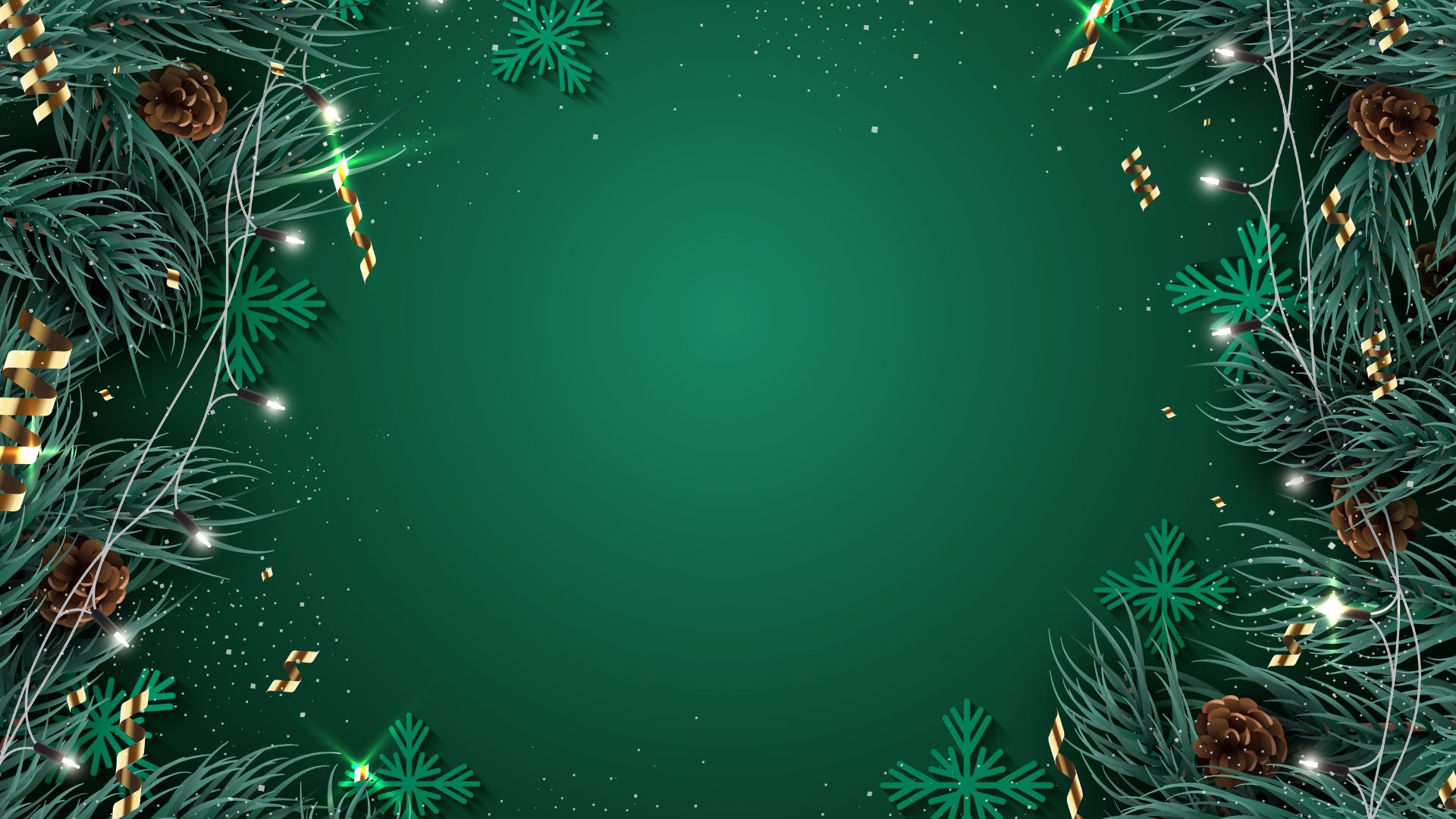 Imagem de fundo verde. Nas laterais esquerda e direita da tela, ramos de árvore natalida decorados com luzes de pisca pisca.