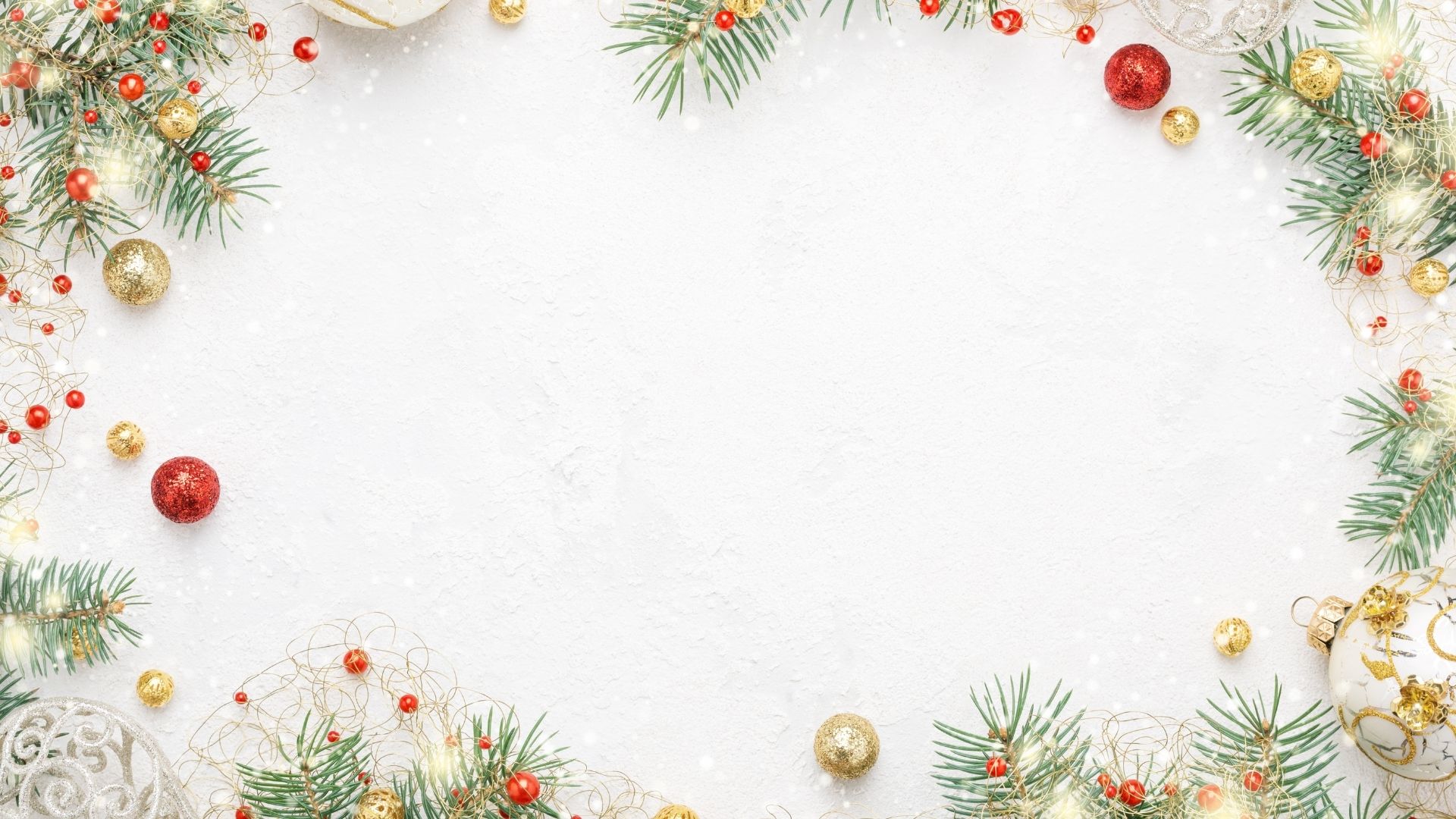 Imagem de fundo branco com margens decorativadas de elementos natalinos como bolas douradas e vermelhas.