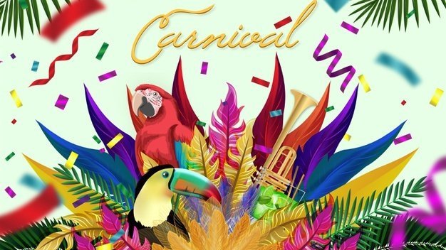 Ilustração com penas, confetes, aves e cores para o carnaval.