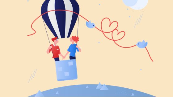 Ilustração de casal em balão com passarinhos ao redor