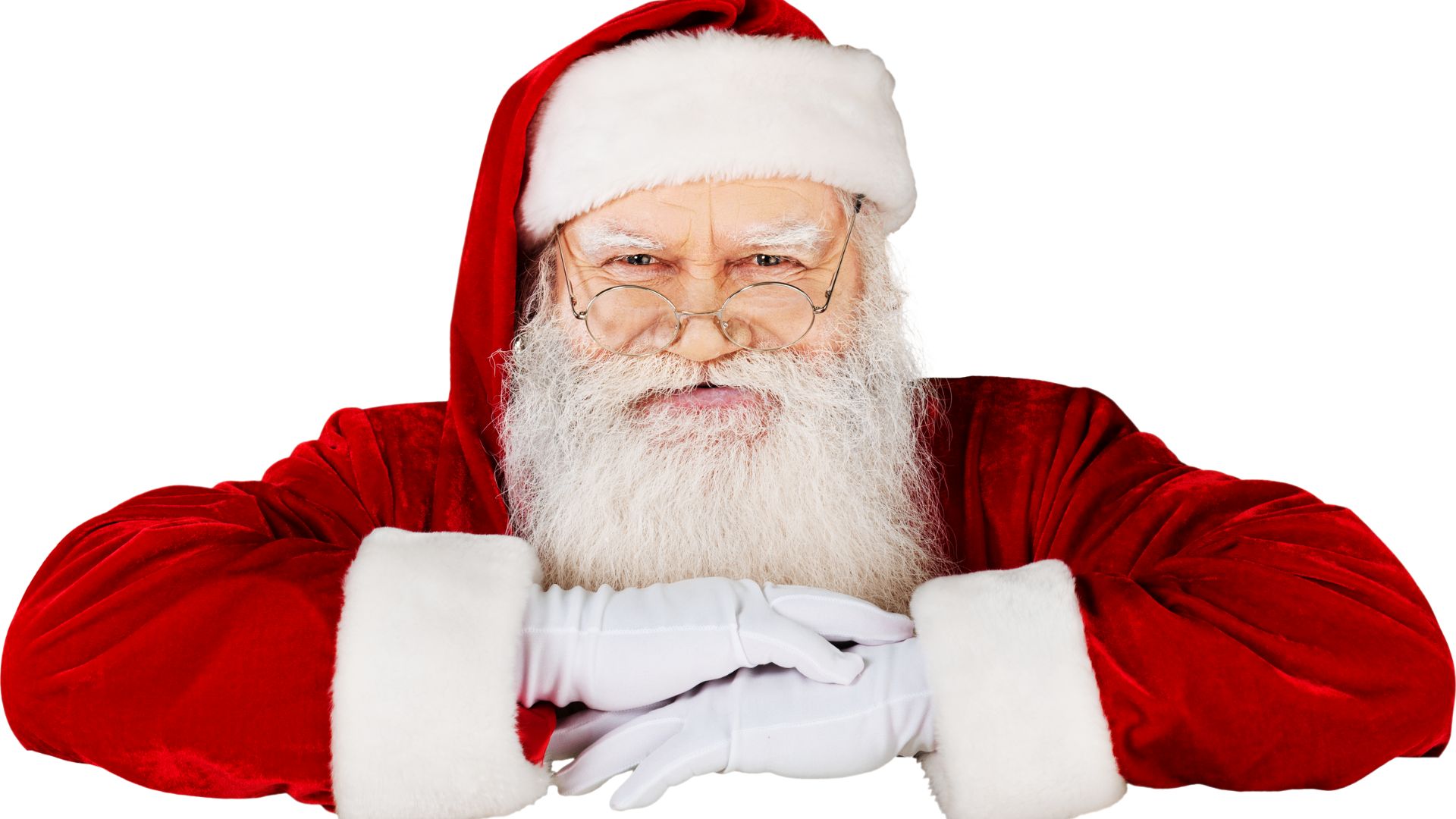 Billion Photos para o Canva Imagem do rosto de um homem vestido de papai noel. Ela usa óculos, roupa e gorro vermelho.