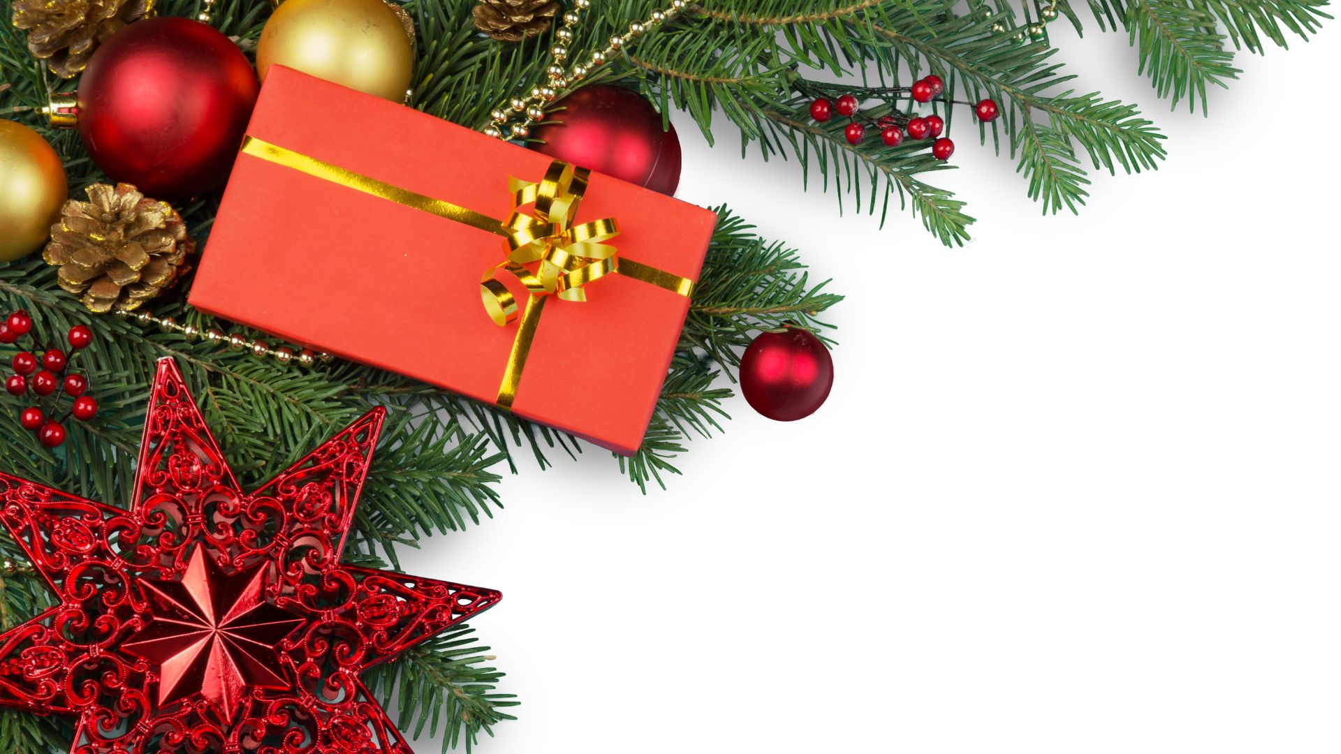 Imagem de fundo branco. O lado esquerdo da mesma traz um arranjo de natal nas cores verde, vermelho e dourado e uma caixa de presente na cor vermelho com laço dourado.