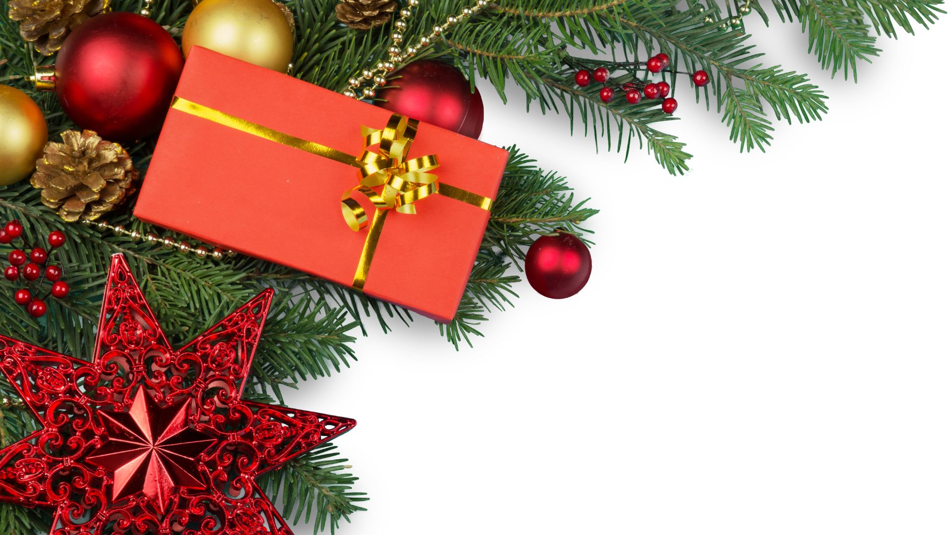 Billion Photos para o Canva Imagem de fundo branco. O lado esquerdo da mesma traz um arranjo de natal nas cores verde, vermelho e dourado e uma caixa de presente na cor vermelho com laço dourado.