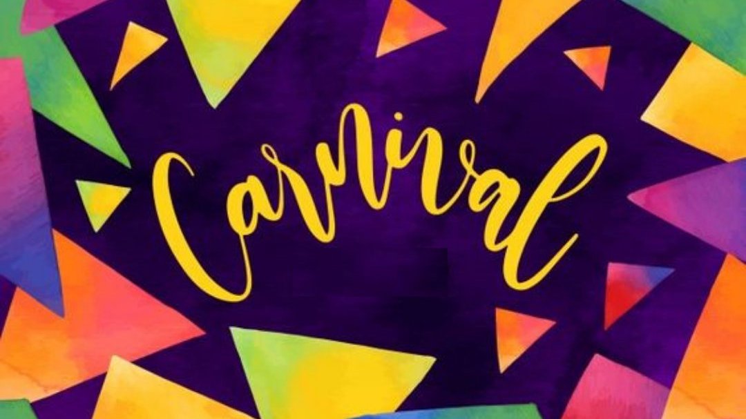 Ilustração em verde, amarelo e roxo com a palavra Carnaval