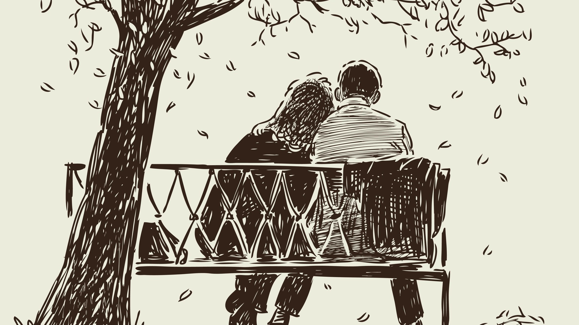 Desenho de um casal sentado debaixo de uma árvore