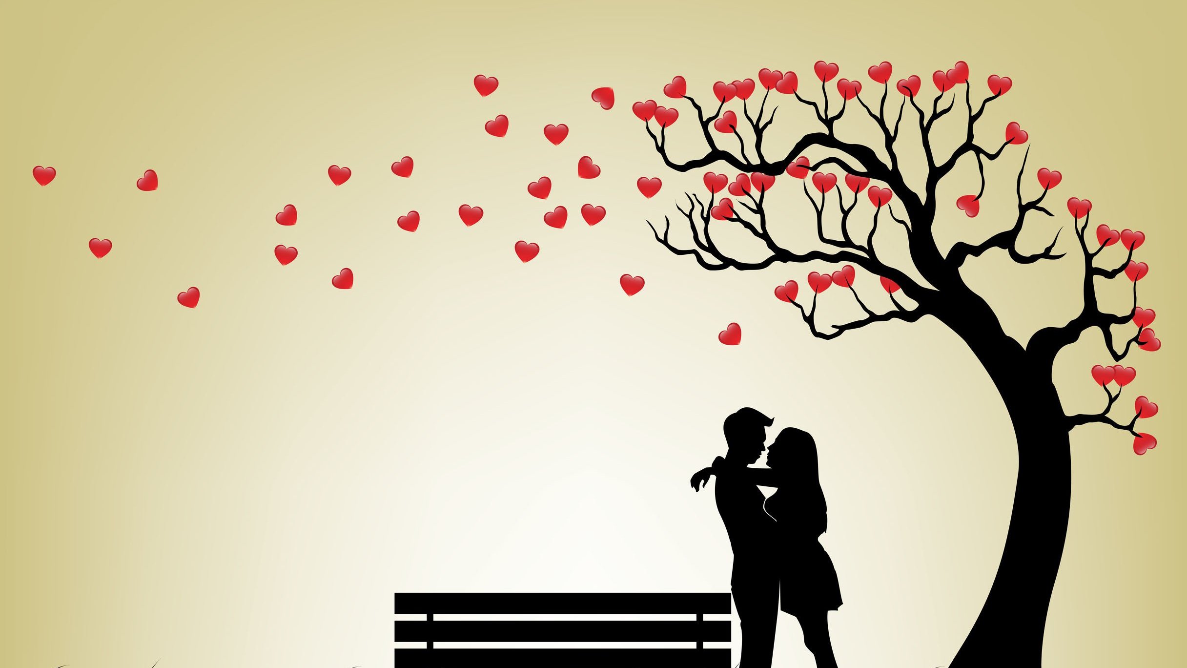 Desenho de um casal debaixo de uma árvore de corações