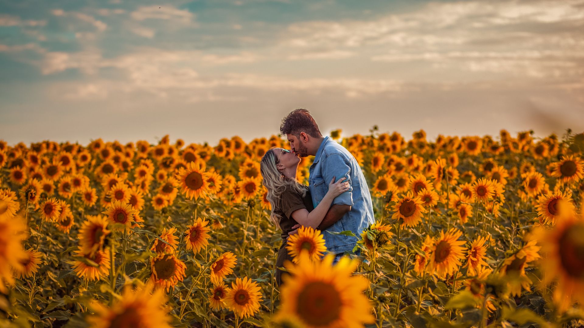 Imagem de um campo de girassóis e ao centro um casal apaixonado se beijando.