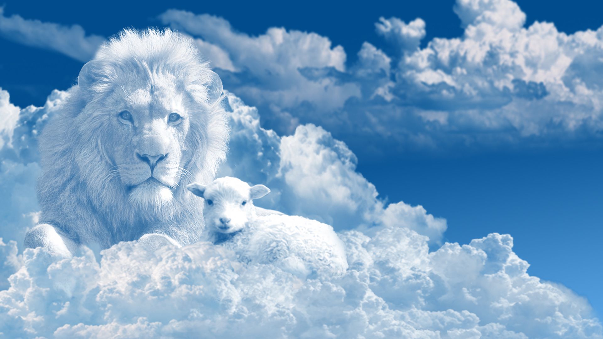 Imagem de um céu azul e de forma ilustrativa duas nuvens uma com formato de leão e a outra com formato de um cordeirinho