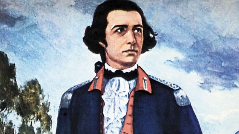 Reprodução/Terra Pintura de Tiradentes com cabelo comprido na altura das orelhas e vestes finas.