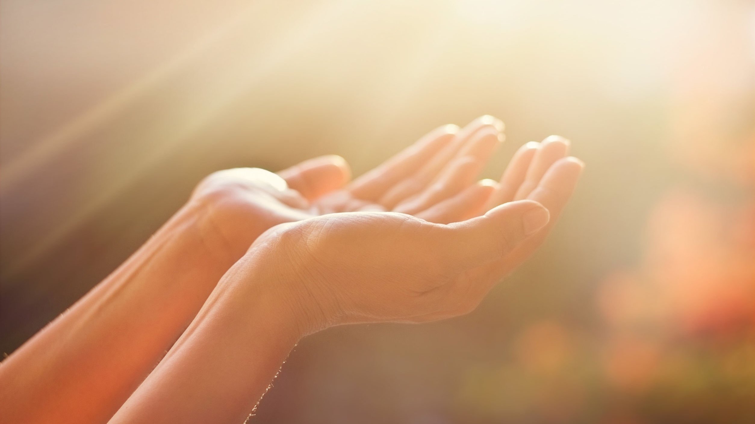 Mãos com as palmas voltadas para cima, sob a luz do sol.