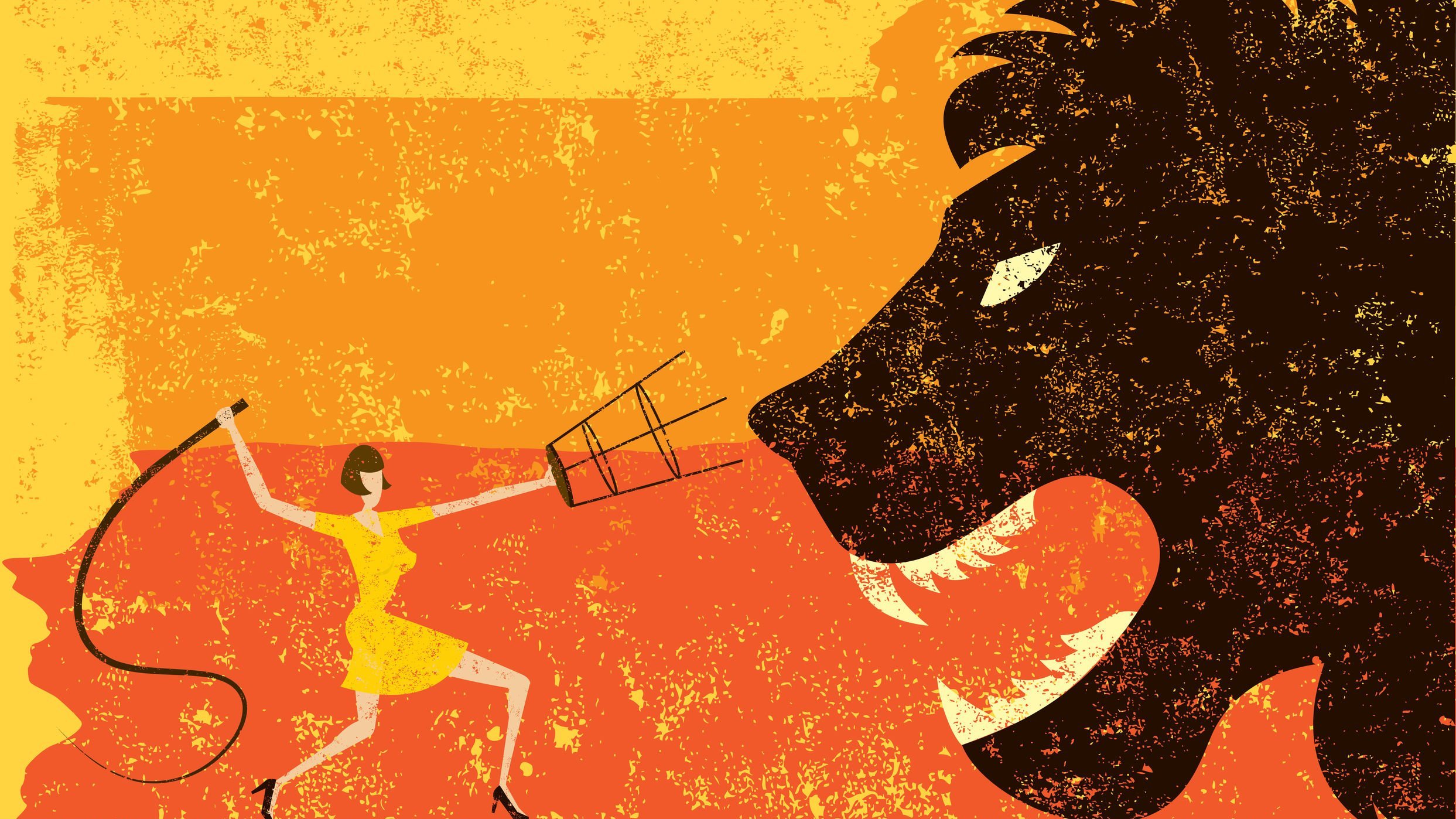 Ilustração de mulher domando leão