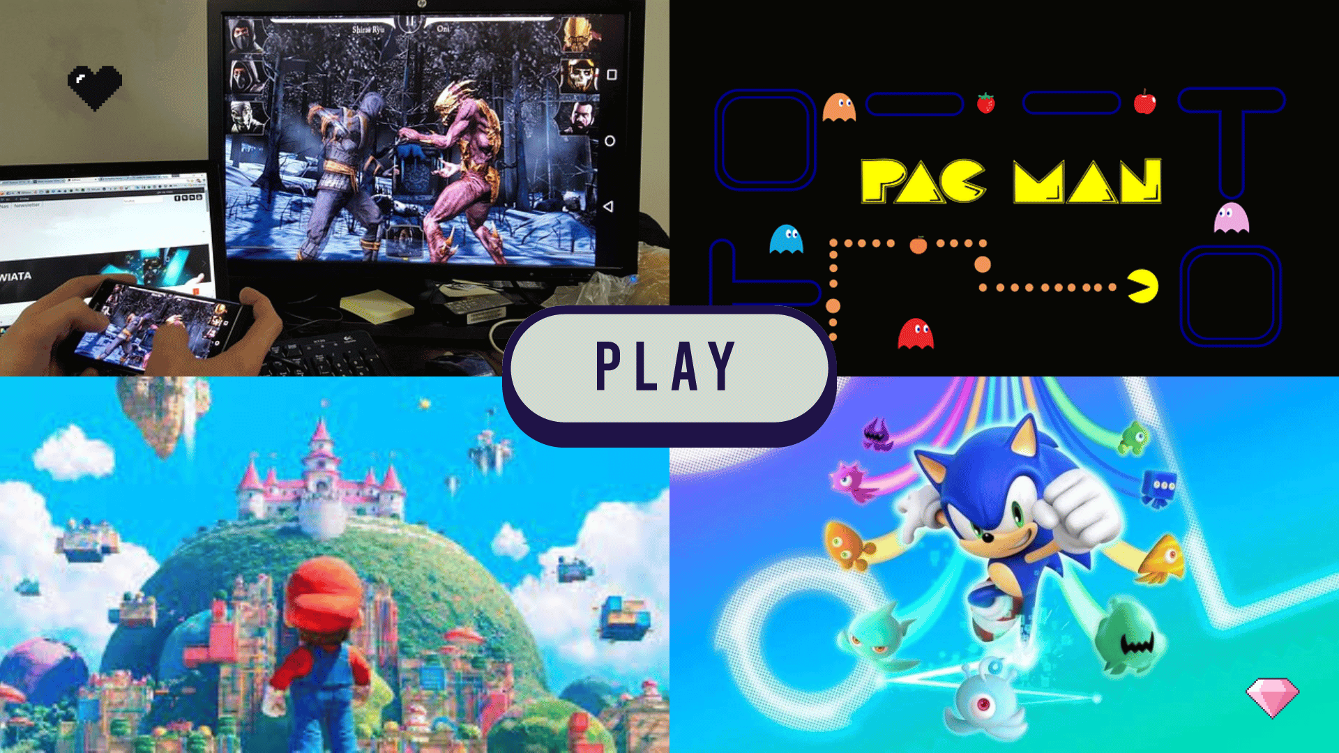 Mortal Kombat, Pac Man, Super Mario Bros e Sonic.