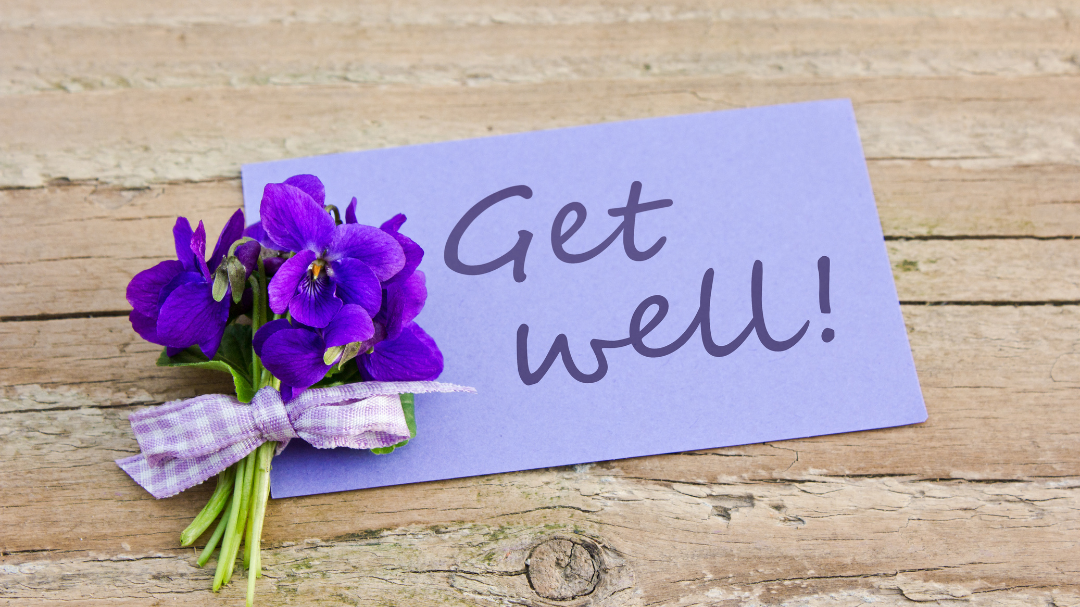Flor roxa com um cartão escrito 'get well' - melhoras, em inglês