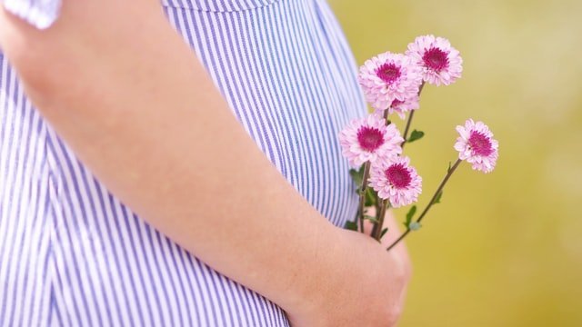 Mulher grávida segura flores em frente à barriga.