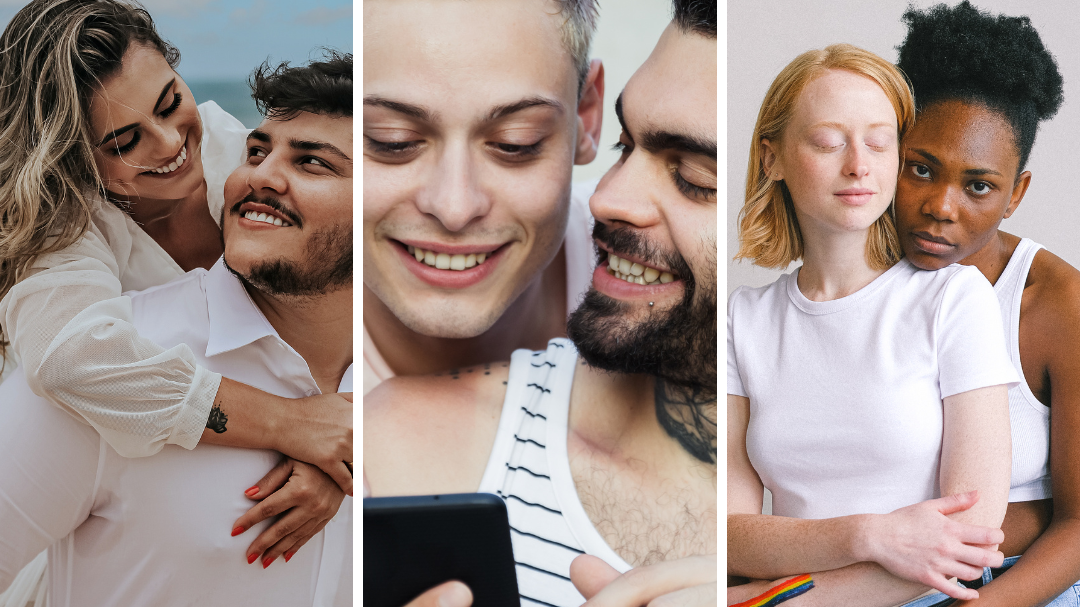 mensagens Com Amor / Canva / Barbara Ribeiro / getty Images Signature / Ana Shvets Grade de fotos com imagens diferentes. A primeira foto, um casal hétero, a segunda um casal gay e a terceira um casal de lésbicas. Ambos estão vestindo roupas brancas.