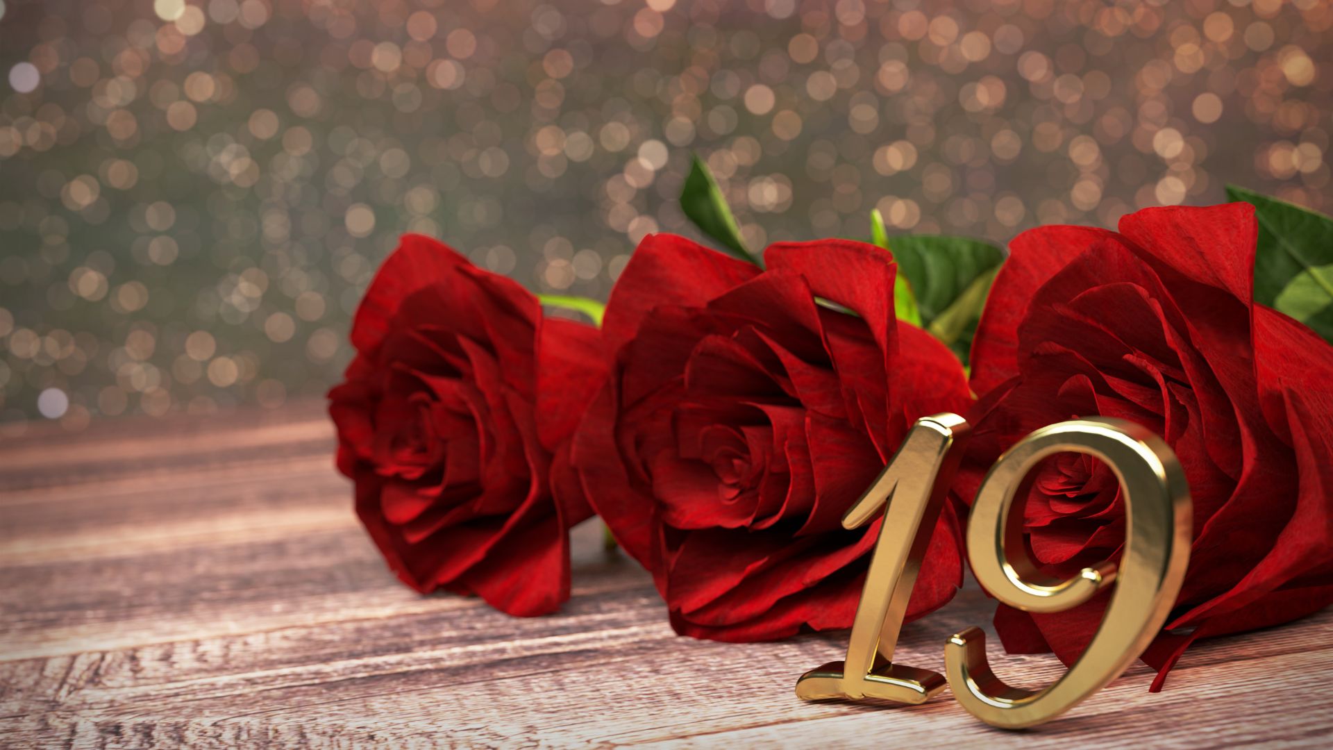 Imagem de rosas vermelhas em cima de uma mesa de madeira e o número 19 na cor dourada em formato de vela de aniversário