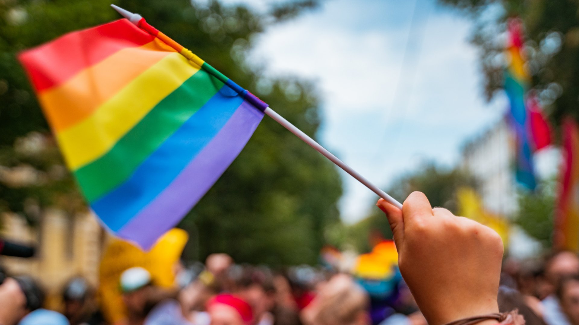 Mão segurando a bandeira LGBT na Parada Gay