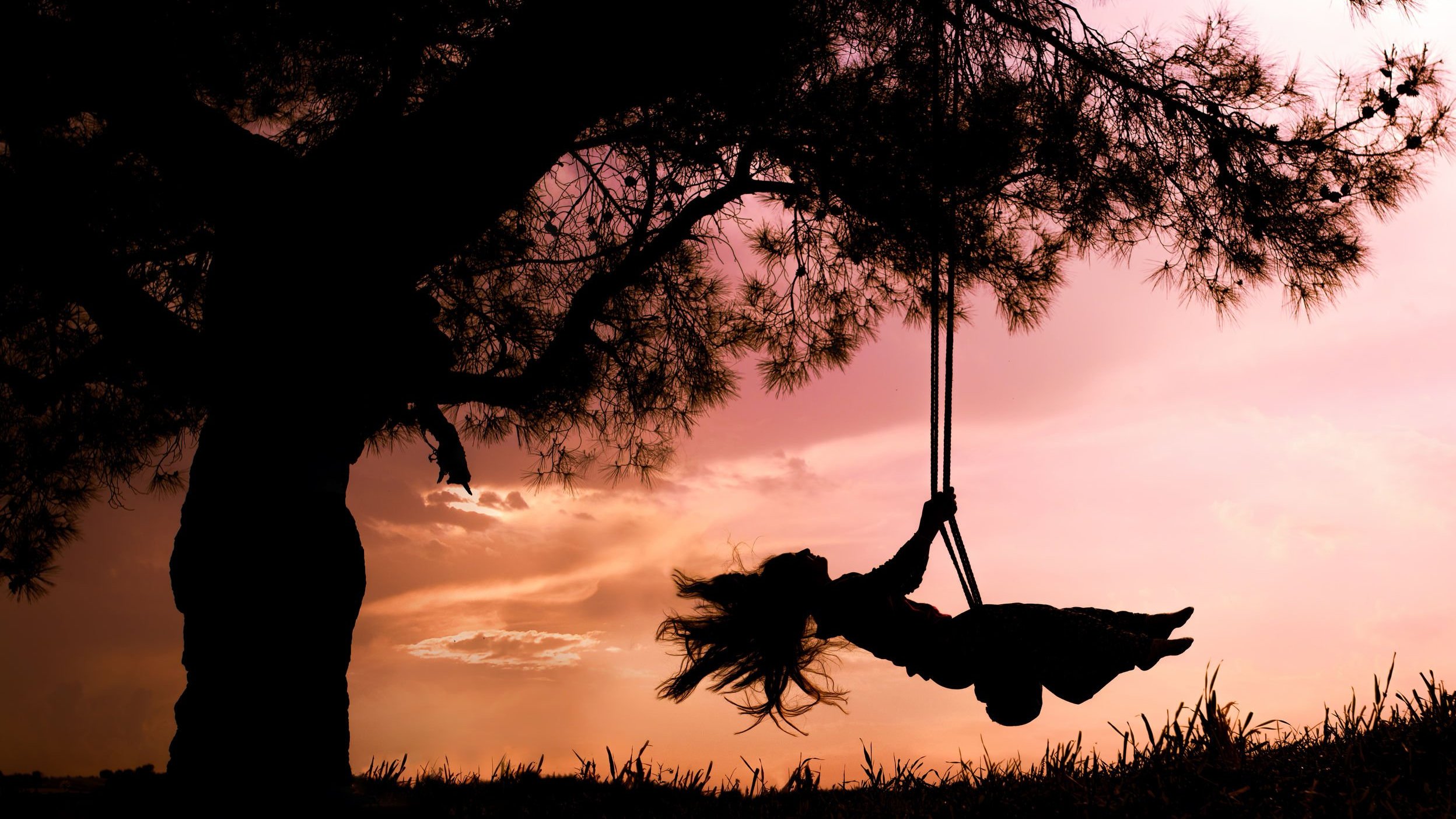 Silhueta de uma mulher se balançando num balanço numa árvore, com o céu na cor rosa.