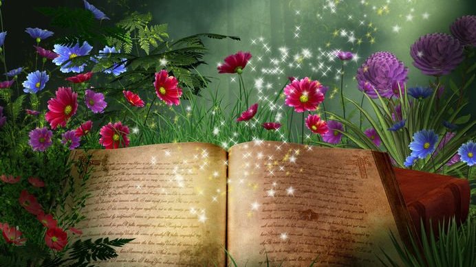 Livro infantil com muitas flores em volta numa floresta