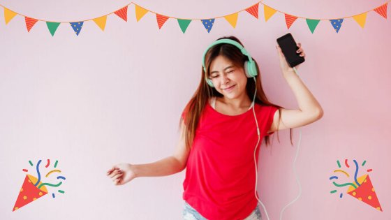 Garota ouvindo música no fone conectada ao celular com ícones de festa de aniversário