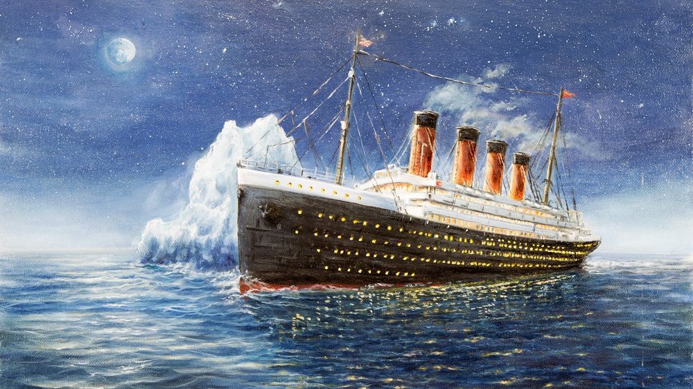 Pintura do Titanic navegando durante a colisão com o Iceberg
