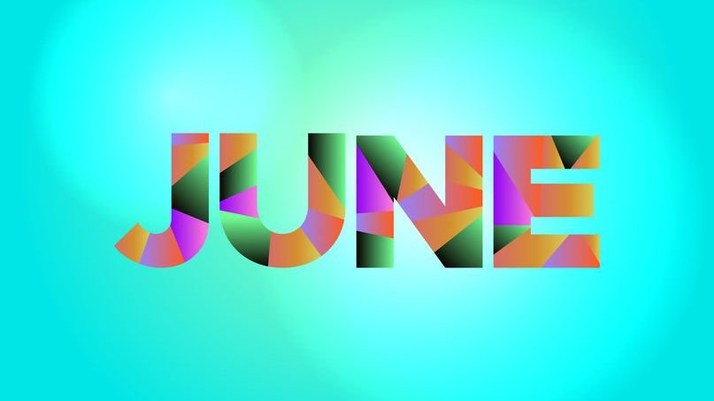 123rf June (junho, em inglês) escrito em letras coloridas e fundo azul