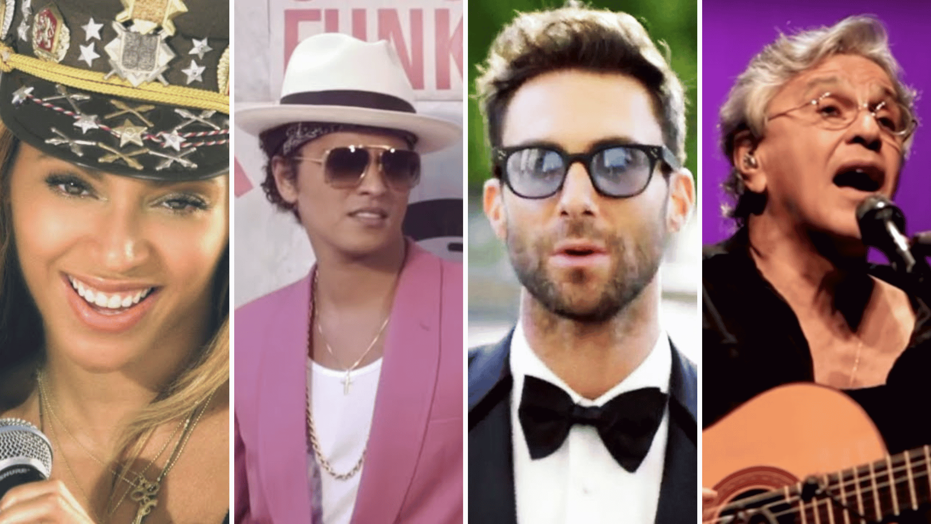 Canais oficiais da Beyonce, Mark Ronson, Maroon 5 e Caetano Veloso no YouTube Thumbnails YouTube dos clipes das músicas Love On Top (Beyonce), Uptown Funk (Mark Ronson & Bruno Mars), Sugar (Maroon 5) e Odara (Caetano Veloso)