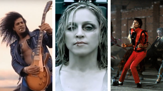 (1-4) Reprodução (1-4) Youtube Partes dos clipes de November Rain, Die Another Day e Thriller