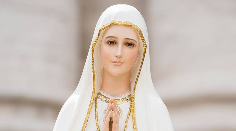 Estátua de Nossa Senhora com véu branco e as mãos unidas em frente ao seu peito.