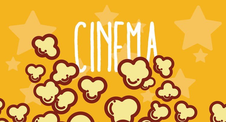 Ilustração da palavra Cinema e pipocas embaixo