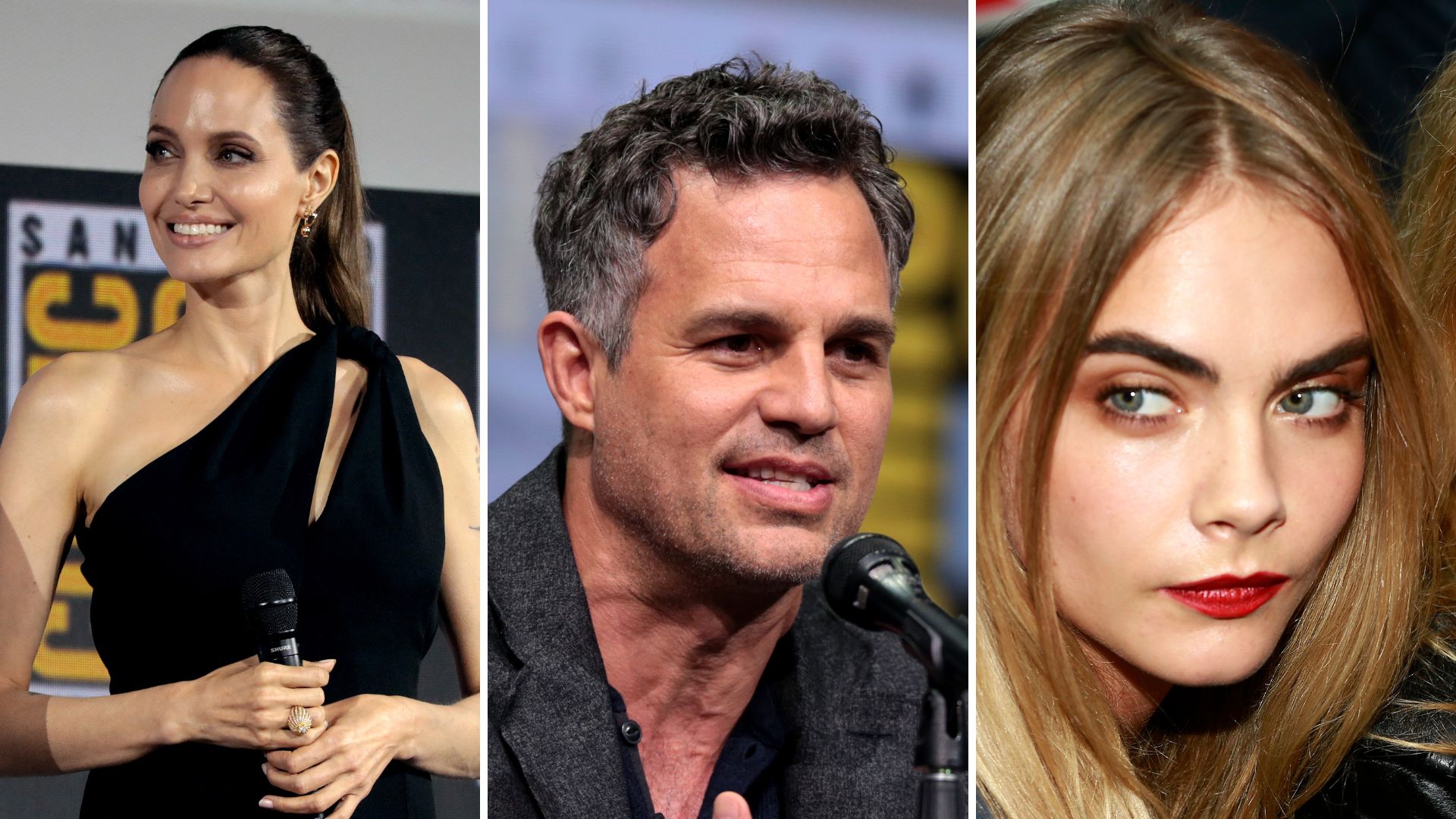 Grade com a foto de Angelina Jolie, Mark Ruffalo e Cara Delevigne.