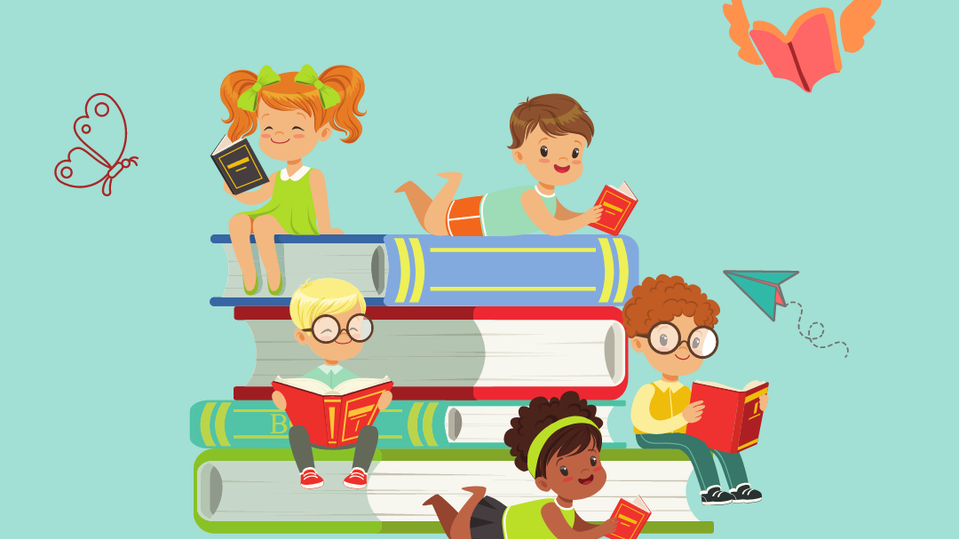 Imagem ilustrativa de uma pilha de livros, como se fosse uma escada e crianças ilustrativas sentadas nos livros e lendo. Ícones em volta das crianças: livro com asas, aviãozinho e borboleta.