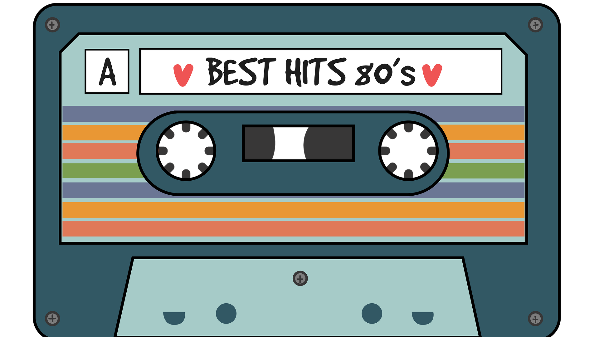 Fita cassete com fitas coloridas escrita 'Best Hits 80's