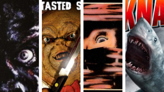 Divulgação / (1) Off Color Films (2) Full Moon Features (3) Basket Case Productions Inc (4) Syfy / Canva Pro / Mensagens Com Amor Poster dos filmes A noite dos mortos vivos, o Biscoito Assassino, o O Mistério do Cesto e Sharknando