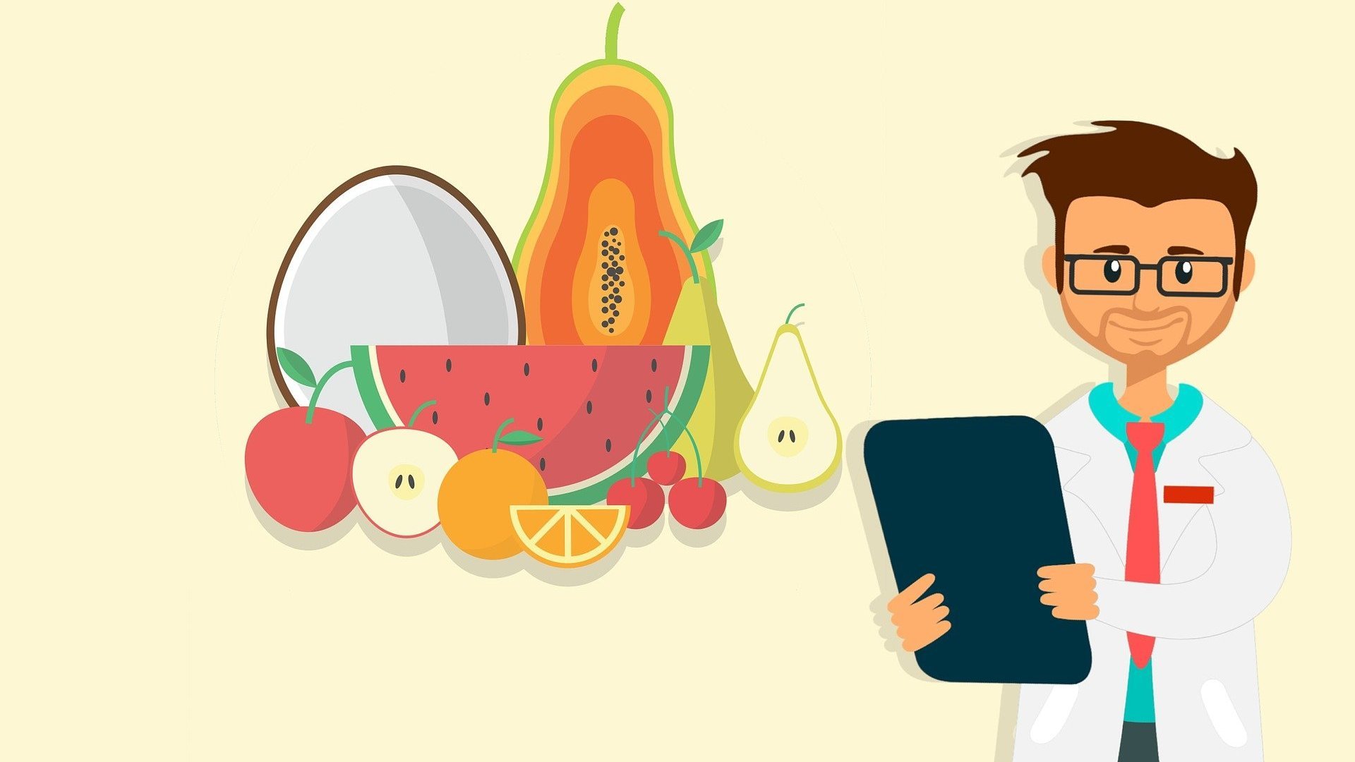Ilustração de nutricionista com frutas ao fundo