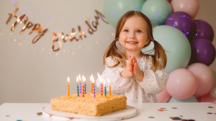 Pequena garotinha sorrindo e batendo palmas em frente a um bolo com velas acesas. Ao fundo, bexigas coloridas e a frase happy birthday na parede.